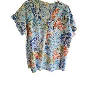 Oddi Women V-Neck Short Sleeve Floral Top Blue Multicolor Lightweight Textured L